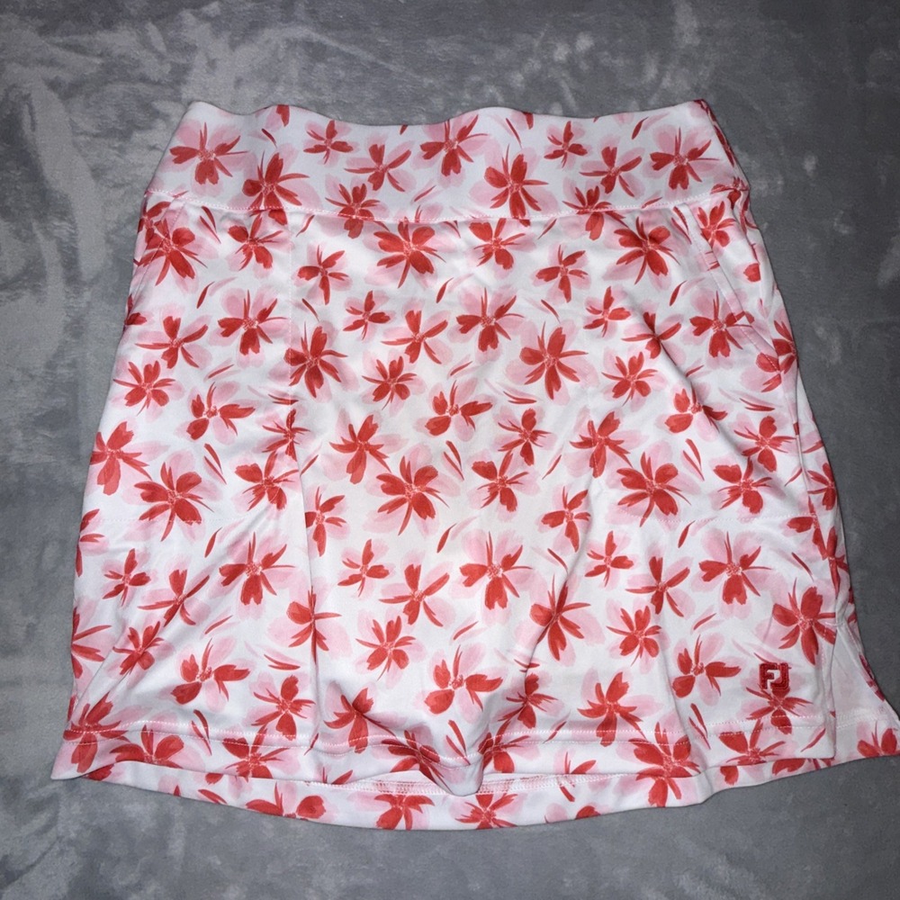 Footjoy Skort Women Medium Red Pink Florals Pull On Golf Tennis Pickleball